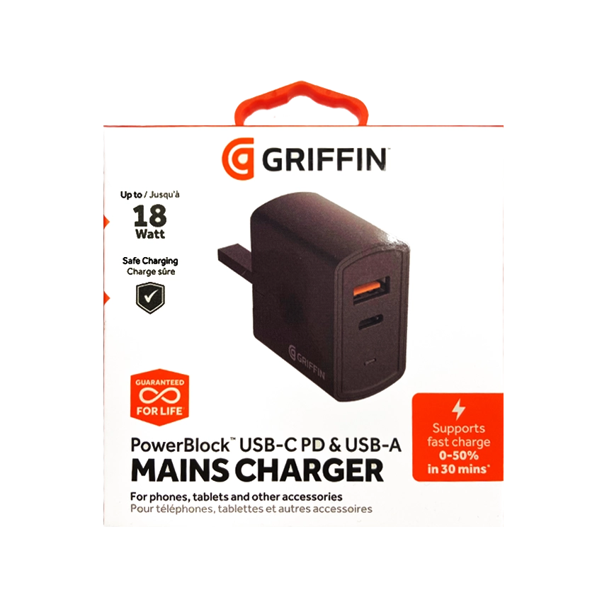 GRIFFIN Powerblock Dual USBC 15W & USBA 12W Charger UK Black